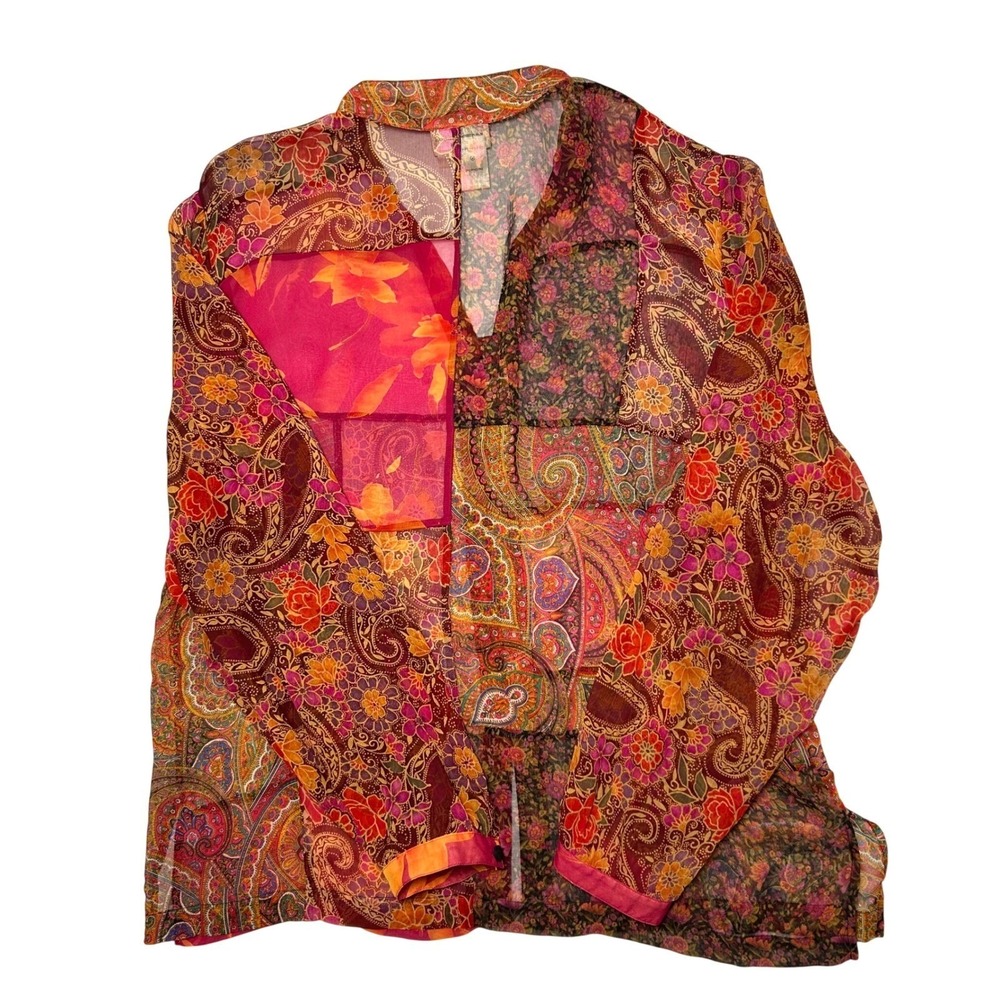 Coldwater Creek Silk Patchwork Floral Paisley Long Sleeve Sheer Blouse Women XL - Picture 3 of 13